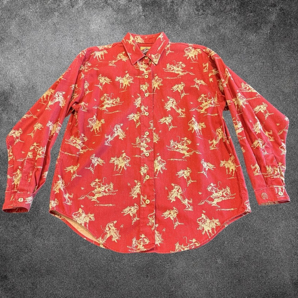 VNTG Barn Fly Western Shirt Medium Red Cowboy Rodeo Print Button Up 100%‎ Cotton